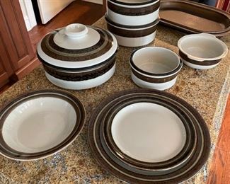 Vintage Karelia by Arabia of Finland dinnerware complete service for 8. Set includes dinner and salad plates, soup bowls, 1 covered casserole, 2 medium casseroles, 1 small casserole. One Ruska brown platter available, too. Photo 2 of 2.