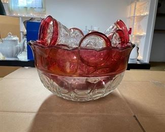 Vintage Kings Crown Ruby Punch Bowl by Indiana Glass with 24 footed cups.