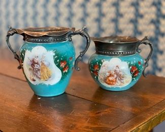 Antique Victorian Bristol Glass hand painted blue opaque creamer and sugar.