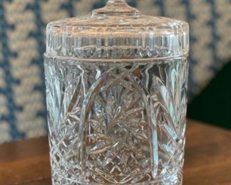 Crystal lidded biscuit jar. Measures 10" H x 6" D.