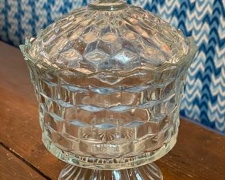 Fostoria Clear Footed cubist 8" H pedestal candy dish with lid.