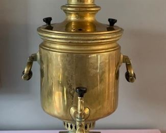 Mid-19th century antique large brass Russian Samovar with teapot, bowl and hammered brass serving tray with handles. Samovar measures 24" H. Brass tray measures 16" D. Signed. Photo 1 of 4