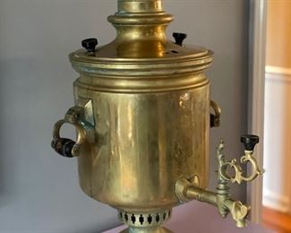 Mid-19th century antique large brass Russian Samovar with teapot, bowl and hammered brass serving tray with handles. Samovar measures 24" H. Brass tray measures 16" D. Signed. Photo 2 of 4