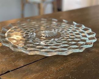 Indiana Glass or Whitehall clear cubist pattern footed 12" cake plate/platter.