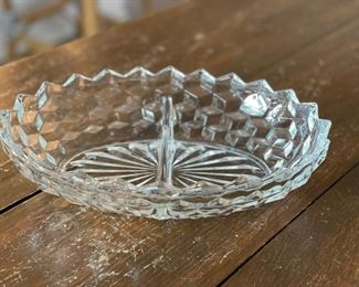 Whitehall or Jeannette clear cubist oval divided dish. Measures 10" L x 7" W.