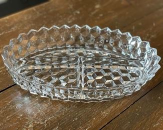 Whitehall or Jeannette clear cubist oval relish dish. Measures 10" L x 7" W.