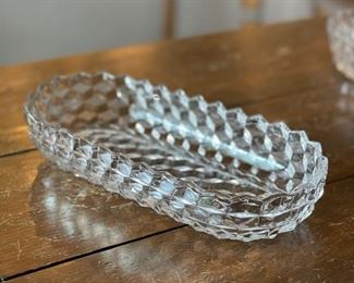 Whitehall or Jeannette clear cubist celery dish. Measures 10" L x 5" W.