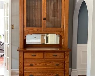 19th Century pine built-in recovered from a Winnetka Victorian built circa 1880. Converted to a freestanding hutch in 1984 by Hilti Furniture in Evanston. Base measures 52.5" W x 24.5" D x 32.5" H. Beveled glass cabinet measures 52.5" W x 12" D x 59" H. Total height is 91.5"