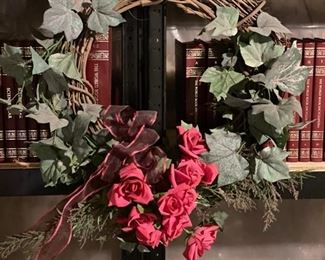Grapevine wreath with ivy and roses.