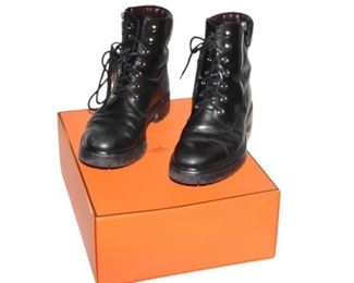 HERMES Black Leather Side Zipper Combat Boots With Box and Shoe Bags