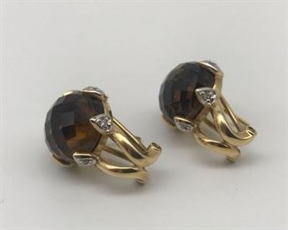 14K Gold Smokey Quartz Diamond Earrings