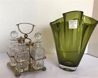 Lovely Green Crystal Vase and Condiment Cruet Caddy
