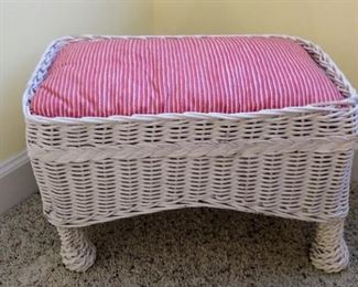 Vintage wicker foot stool with upholstered cushion
