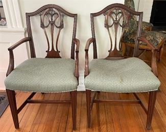 Set of 8 Dining Chairs with Green Upholstered Seats (2 Captain's Chairs & 6 Side Chairs)