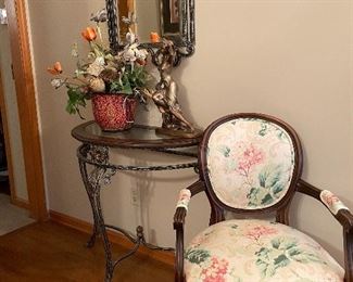 Metal Demi-lune table, mirror, & side chair