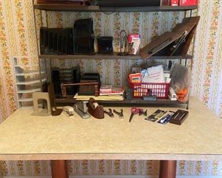 Various Office Supplies with Shelving Table
