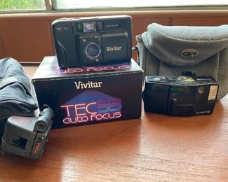 Vivitar TEC35 Auto Focus, Camera Stand, and Olympus Infinity Twin Camera