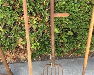 Garden Tool Lot Axe, Pick, Pitchfork, Rakes