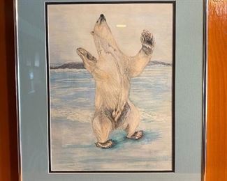 Framed Color Sketch of Polar Bear Signed