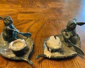 Faux Patina Bronze Brass Rabbit Rowing Leaved Taper Candle Holders