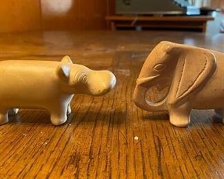 Pair of Carved Stone Animal Figurines Hippo and Elephant