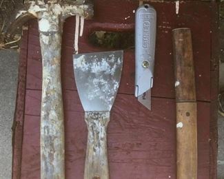 Hand Tool Lot Hammer, Scraper, Two Knives