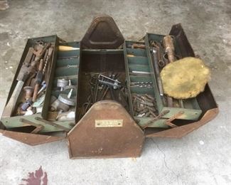 Vintage Metal Tool Box with Tools Hardware
