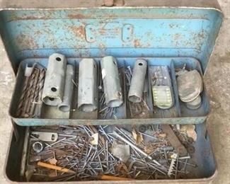 Vintage Metal Toolbox with Random Tools and Hardware