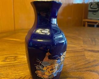 Cobalt Blue Metallic Ceramic Peacock Design Asian Oriental Bud Vase