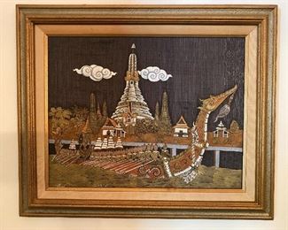 Vintage Asian Thai Siam Painted Linen Silk Framed Art