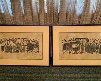 Pair of Mid Century Asian Orient Stamp Wood Block Art