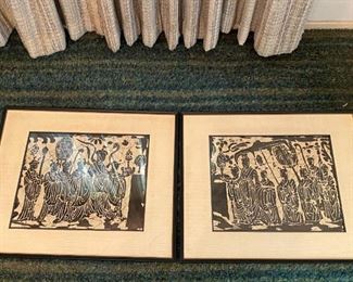 Pair of Mid Century Orient Asian Wood Block Stamped Framed Art