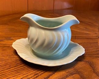 Vintage Franciscan Ware Swirl Teal Turquoise Blue Gravy Sauce Boat with Drip Plate