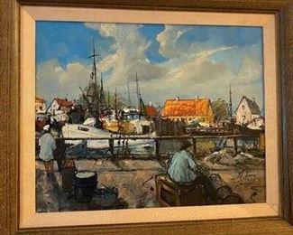 Vintage Mid Century Nautical Seaside Fishing Village Framed Oil Painting