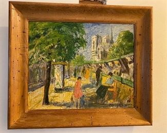 Mid Century Cityscape Park Scene Oil Painting Signed