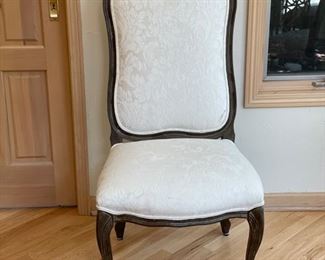 Set of 6 dining chairs upholstered in cream damask fabric. Includes three plus yards of additional fabric. Each measures 47" H x 25" W x 26" D; Seat Height: 19". Photo 2 of 2.  
