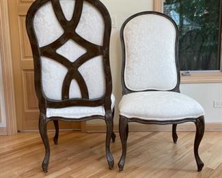 Set of 6 dining chairs upholstered in cream damask fabric. Includes three plus yards of additional fabric. Each measures 47" H x 25" W x 26" D; Seat Height: 19". Photo 1 of 2.  