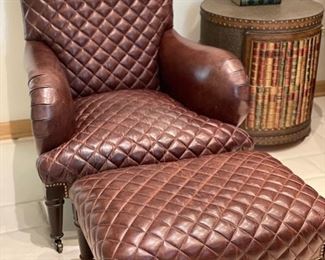 Ferguson Copeland Winston club chair and ottoman upholstered in quilted tobacco leather with nailhead trim - 2 available. Each chair measures 25" W x 30" D x 42" H; ottomans measure  27" x 20". Photo 1 of 2. 