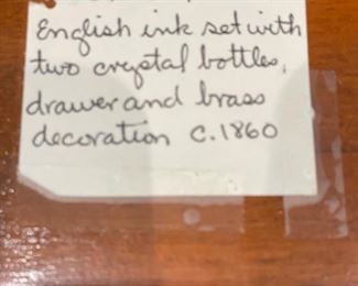 Antique English ink set with two crystal bottles and brass detailing. Photo 3 of 3. 