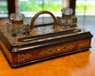 Antique English ink set with two crystal bottles and brass detailing. Photo 1 of 3. 