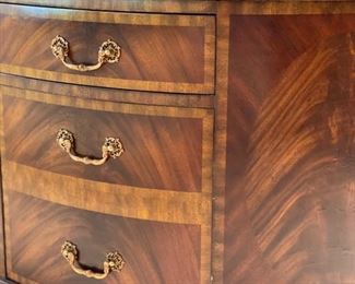 20th century regency Maitland Smith Bombay partner desk in leather with gold embossing throughout. 18 drawers in total. Ornate brass hardware. Measures 45" W x 30" H x 70"L. Photo 1 of 3. 