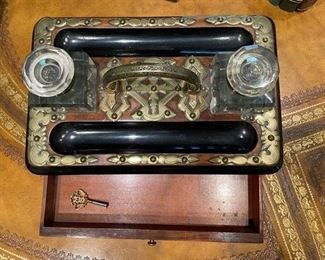 Antique English ink set with two crystal bottles and brass detailing. Photo 2 of 3. 