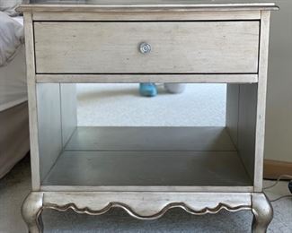 Walter E. Smithe Linen Hills Montviliers silver-leaf side table with mirrored back and drawer - 2 available. Each measures 28" W x 16" D x 28" H. 