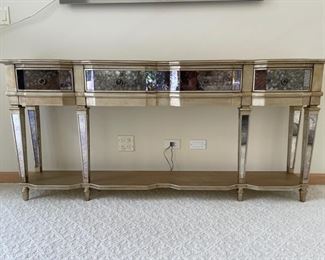 Toms-Price Hooker 3-drawer console with antiqued smoky mirror finish. Measures 72" W x 12" D x 34" H. Photo 1 of 3. 
