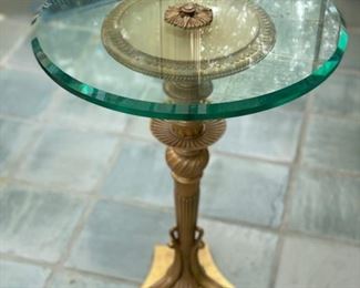 John Richards round side table with gold base and glass top - 2 available. Each measures 27" H x 18" D. Photo 2 of 2. 