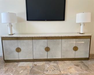 Master carpenter Gurami grand buffet with live edge interior detailing and gold trim. Measures 122" W x  20" D x 34" H. Photo 1 of 3. 