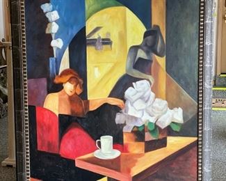 Woman at the Cabaret/Cafe by F. Jensen.  Signed by artist. Measures 56" W  x 70" H. Photo 1 of 2. 
