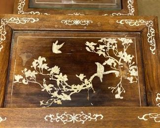 Set of 4 antique teak glass-topped stacking tables with bovine inlay. Largest measures 20" W x 15" D x 26" H; smallest measures 10" W x 12" D x 19" H. Photo 4 of 4. 