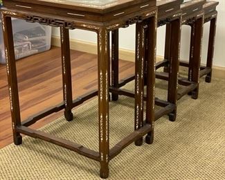 Set of 4 antique teak glass-topped stacking tables with bovine inlay. Largest measures 20" W x 15" D x 26" H; smallest measures 10" W x 12" D x 19" H. Photo 2 of 4. 