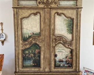 Hand-painted Ernest Hemingway armoire from the Thomasville Paris Collection.  Interior features two custom upholstered Scalamandre bulletin boards. Measures 52" W x 20" D x 90" H. Photo 1 of 2. 